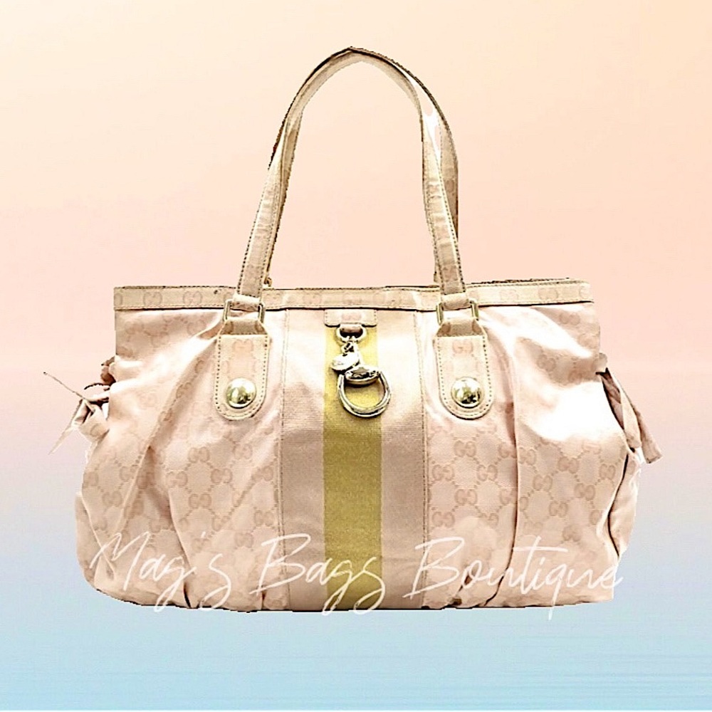 Gucci: Pink Crystal Coated Horsebit Charms Sherry Line Monogram Canvas Hobo Bag